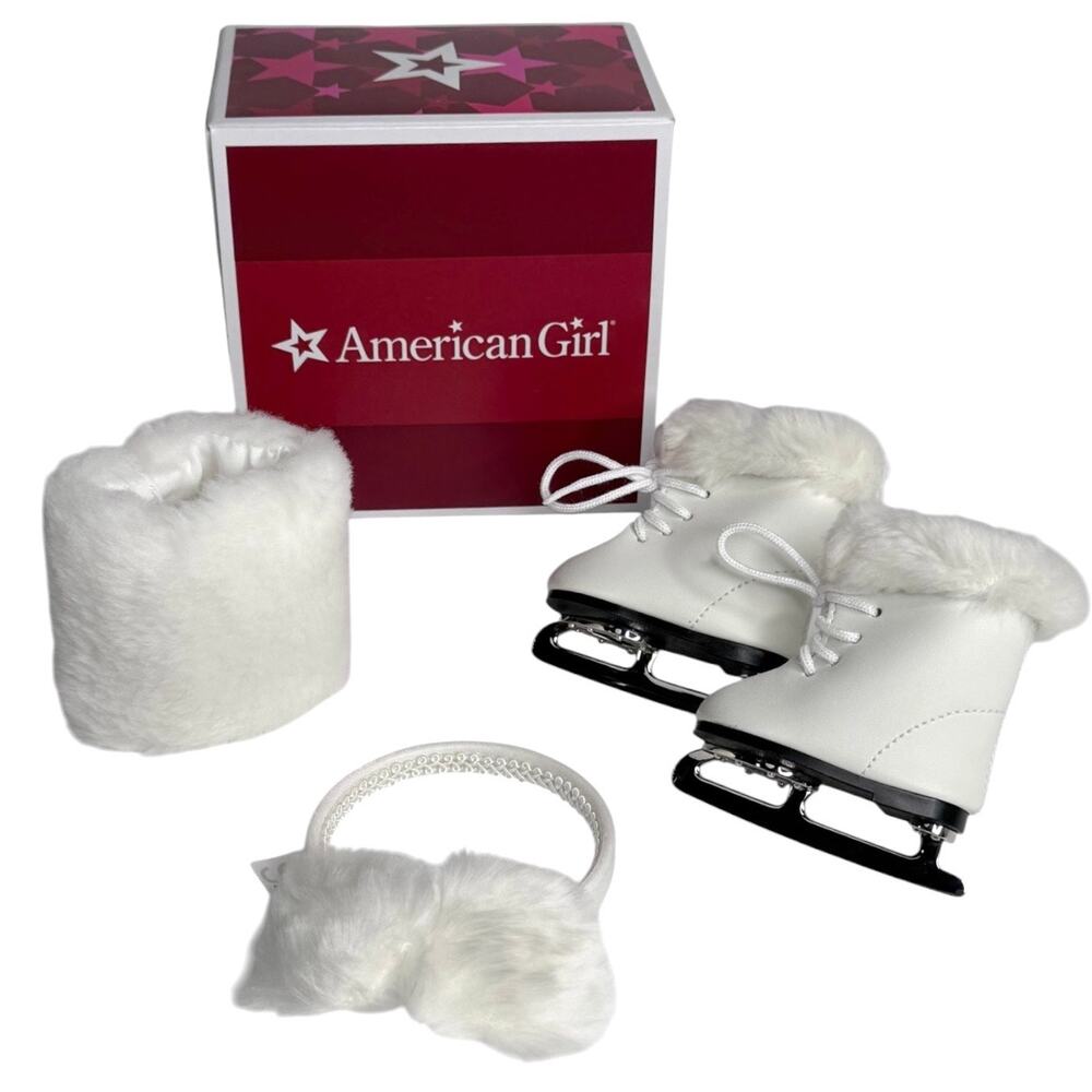American Girl Molly Skates & Muff Earmuffs Ice Skates Faux Fur Hand Muff Box
